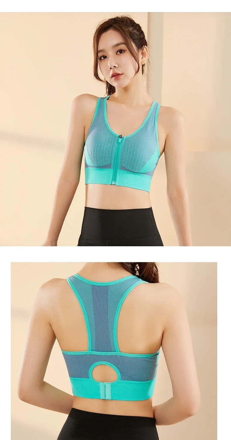 New Sports Bra Women Striped Patchwork Front Zipper Shockproof Vest Jogging Gym Crop Top Female Tops Sport Bras Sutian Feminino