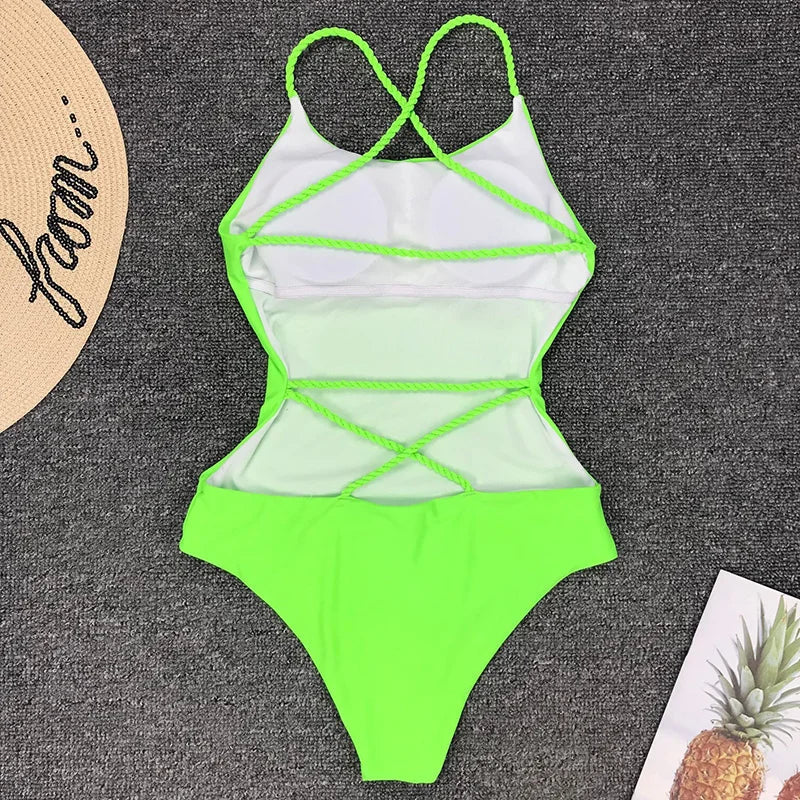 Criss Cross Backless Women Swimwear One Piece Swimsuit Female Monokini High Cut Leg Bather Bathing Suit Swim Beach Wear Lady