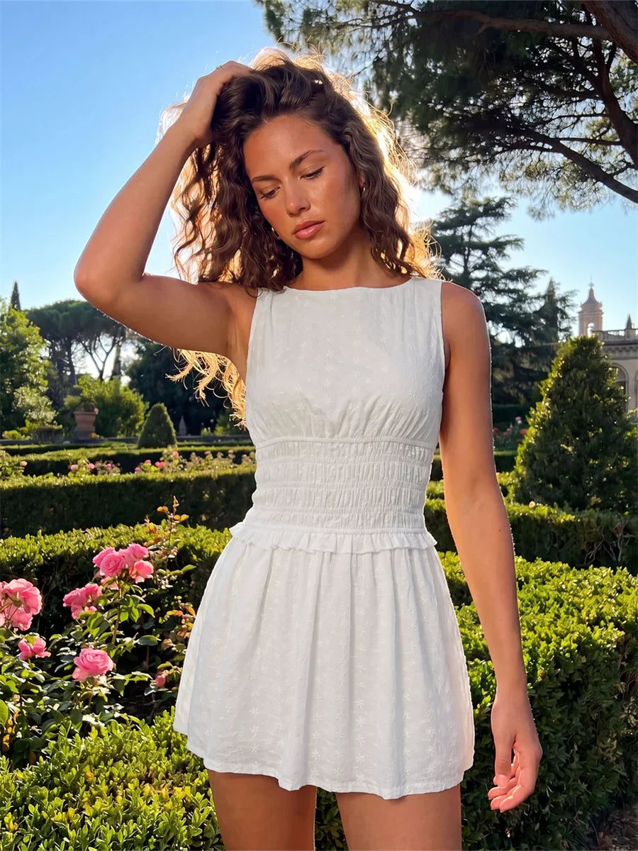 2026 Summer Women's Sleeveless Short Dress Stripe Print Boat Neck Waist-Cinching Slim Fit Dress Holiday Daily Casual Streetwear