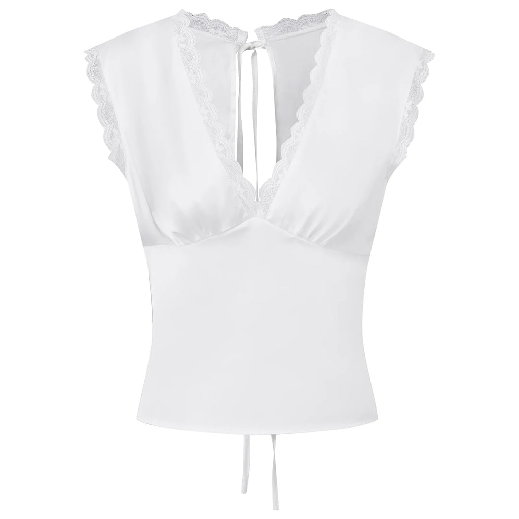 New Women Sleeveless Shirts Satin Lace Trim Deep V Neck Cropped Tops Blouses for Going Out Party Street Summer Vest