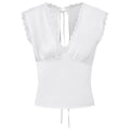 New Women Sleeveless Shirts Satin Lace Trim Deep V Neck Cropped Tops Blouses for Going Out Party Street Summer Vest