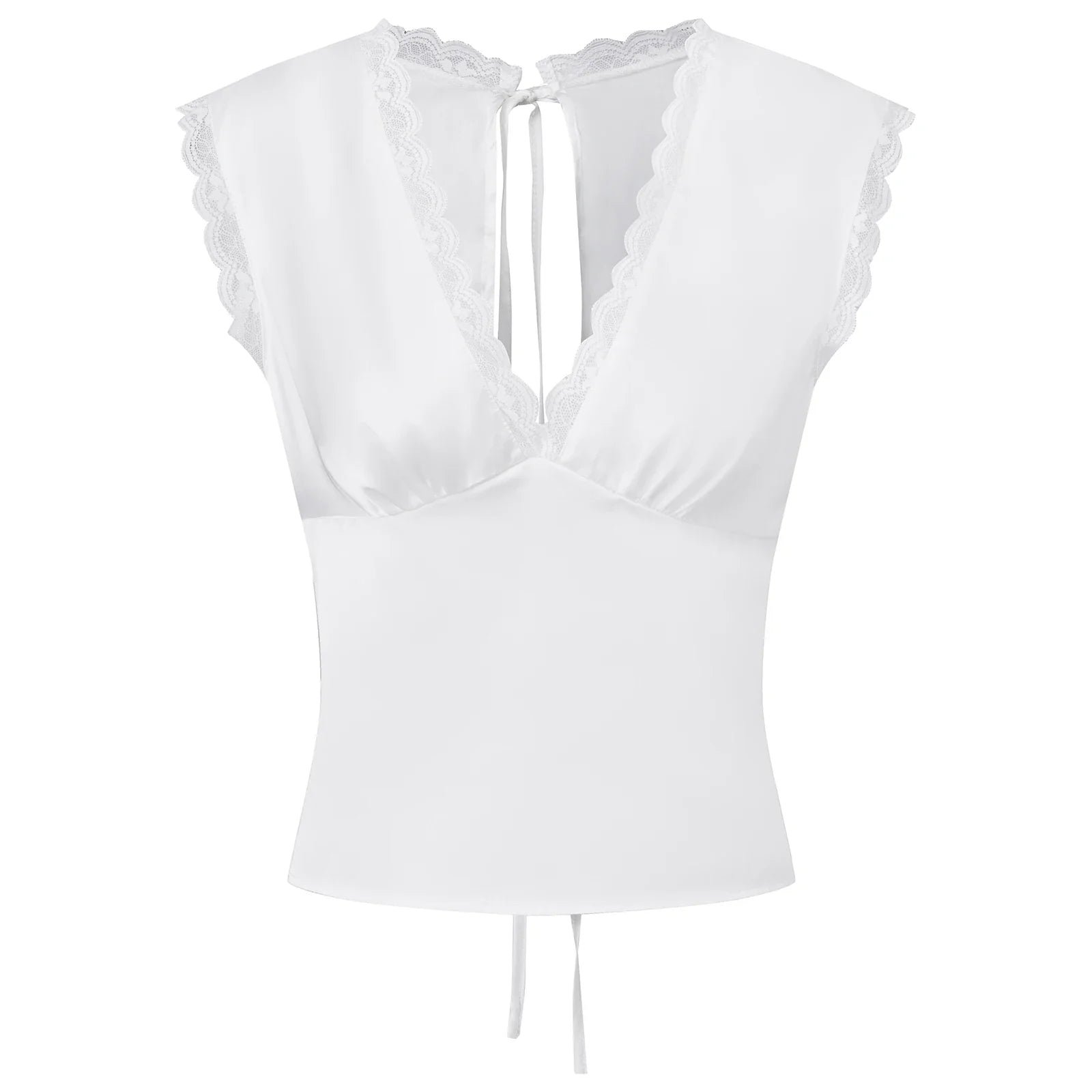 New Women Sleeveless Shirts Satin Lace Trim Deep V Neck Cropped Tops Blouses for Going Out Party Street Summer Vest