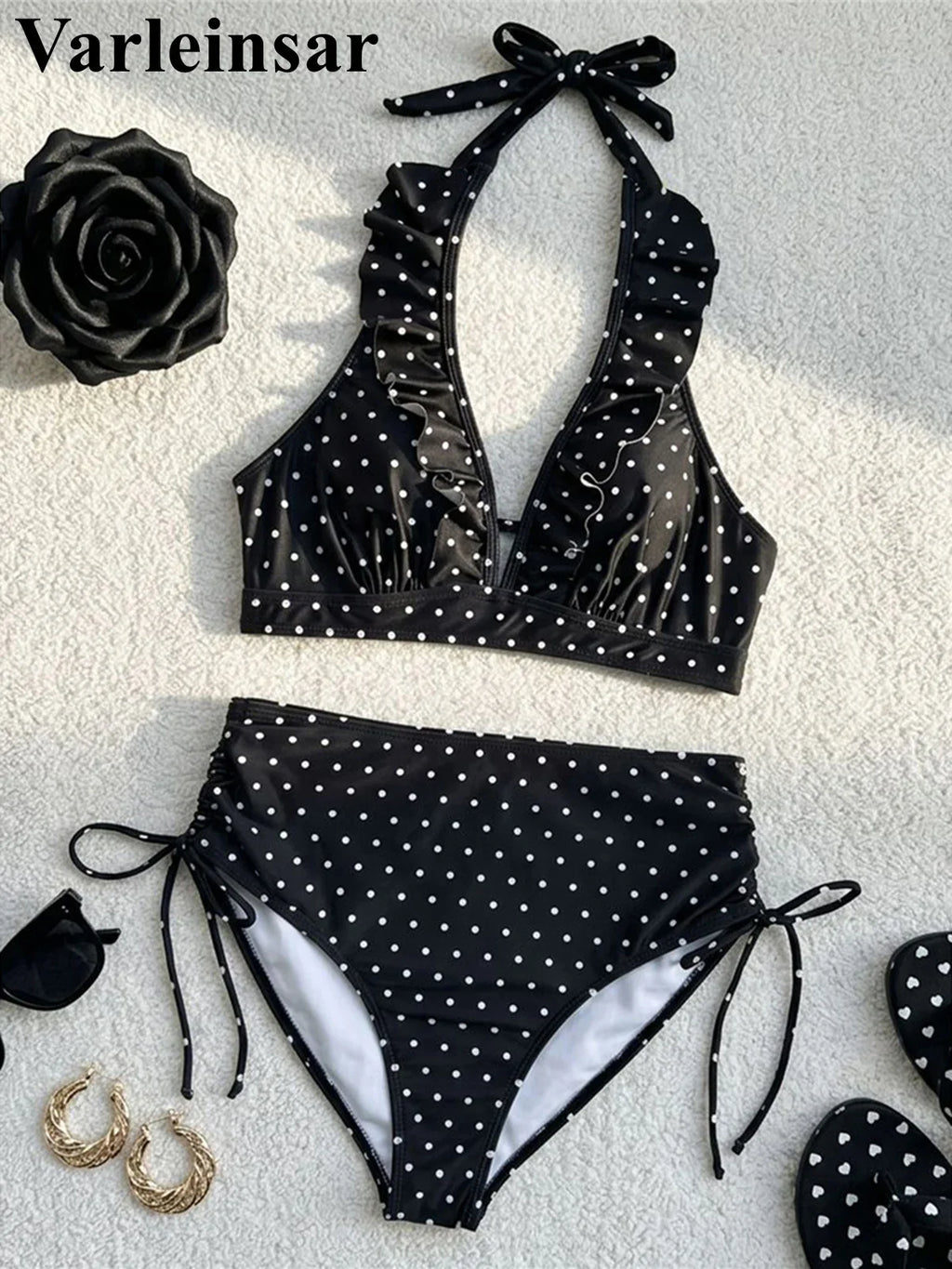 S - XL Polka Dot V Neck High Waist Bikini Female Swimsuit Women Swimwear Two-Pieces Bikini Set Bather Bathing Suit Swim V8111