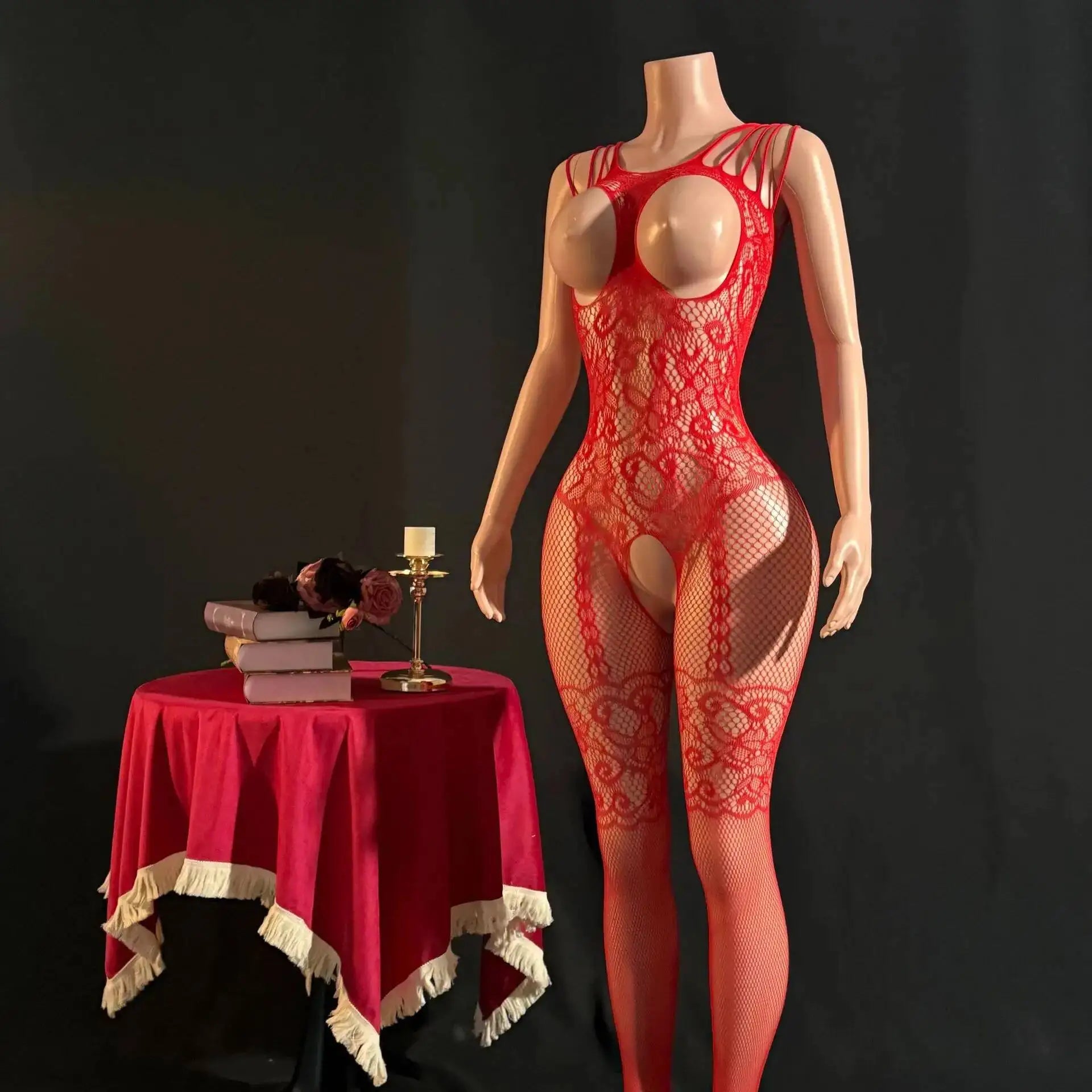Sexy Bodysuit With Hollowed-out Chest Mesh Sexy One-piece Jacquard Open-crotch Halter Neck Backless Deep V Sleeveless Charm 57AF
