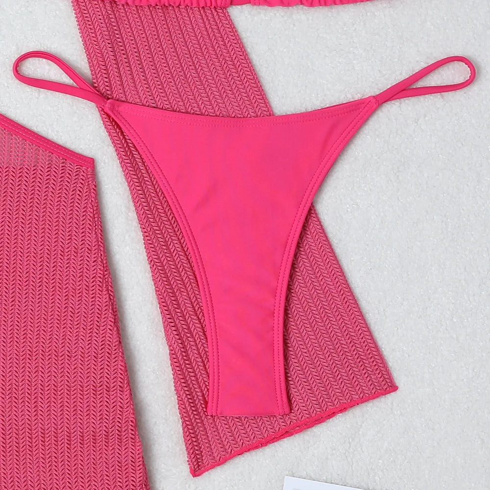 Women micro mini halter bikinis sets 3pcs with knitted long sleeve hollow out mini dress swimsuit bathing suit beach outfits