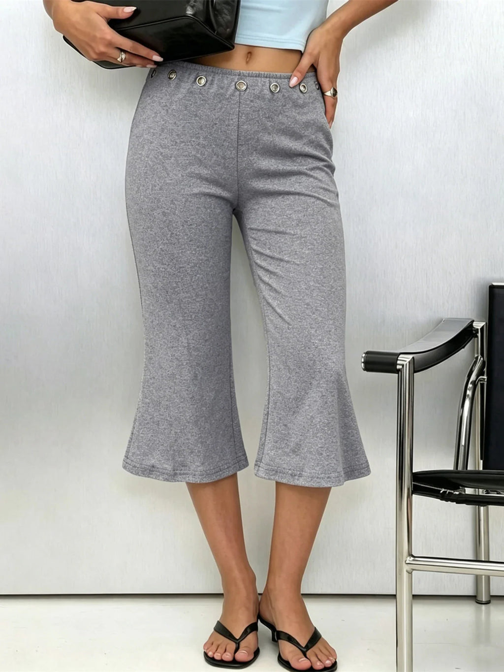 Womens Summer Cropped Pants Mid Rise Flare Trousers Stylish Casual Leg Pants with Silver Eyelet Capris