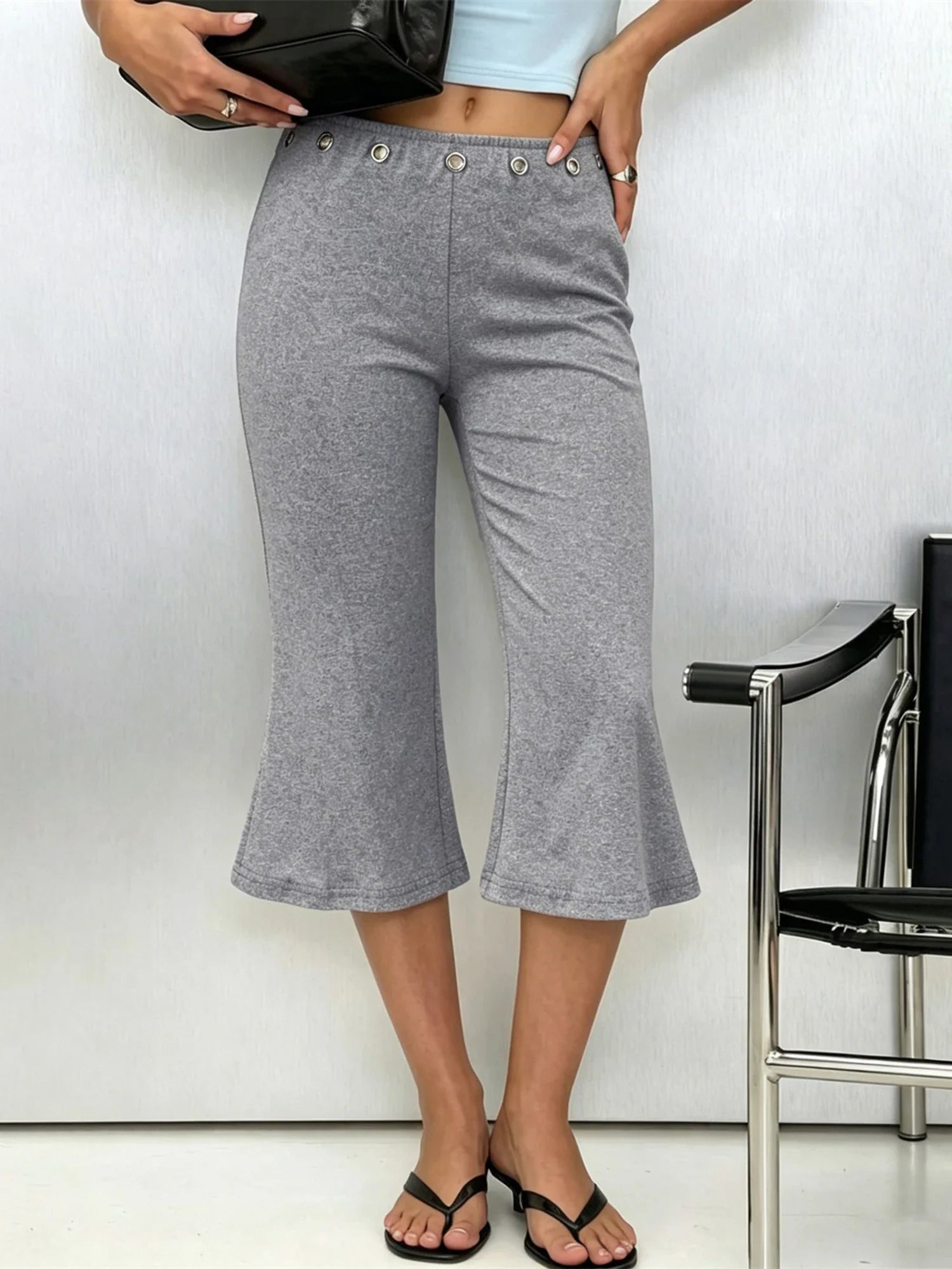 Womens Summer Cropped Pants Mid Rise Flare Trousers Stylish Casual Leg Pants with Silver Eyelet Capris