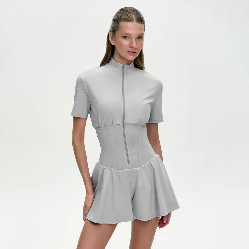 FDYOUI New 2026 Summer Zip-up Corset Playsuits Women Casual Short Sleeve Sports Fitness Overalls One Piece Tunics Yoga Bodysuit