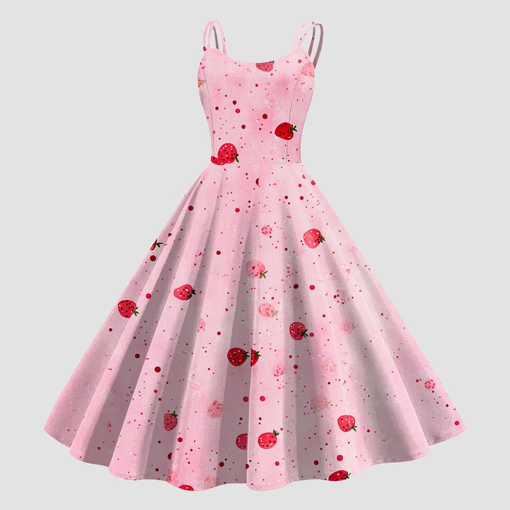 Retro Rockability Party Prom Dresses For Women Vintage Fashion Fruit Print Sleeveless A Line Dress Elegant Summer Evening Dress