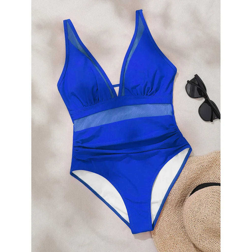 S - XL New Sexy Mesh Sheer V Neck Women Swimwear One Piece Swimsuit Female High Leg Cut Monokini Bather Bathing Suit Swim V5136