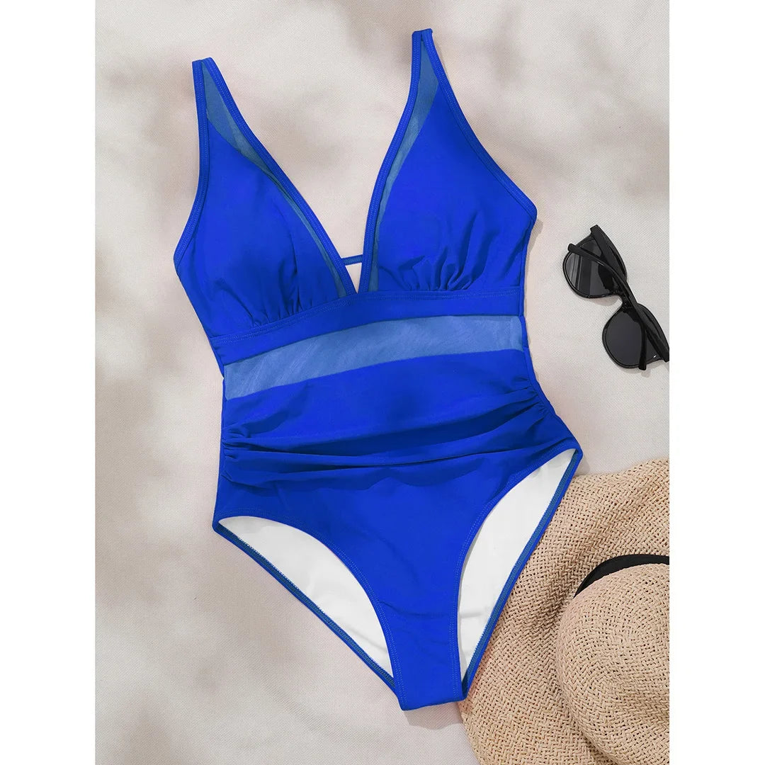 S - XL New Sexy Mesh Sheer V Neck Women Swimwear One Piece Swimsuit Female High Leg Cut Monokini Bather Bathing Suit Swim V5136