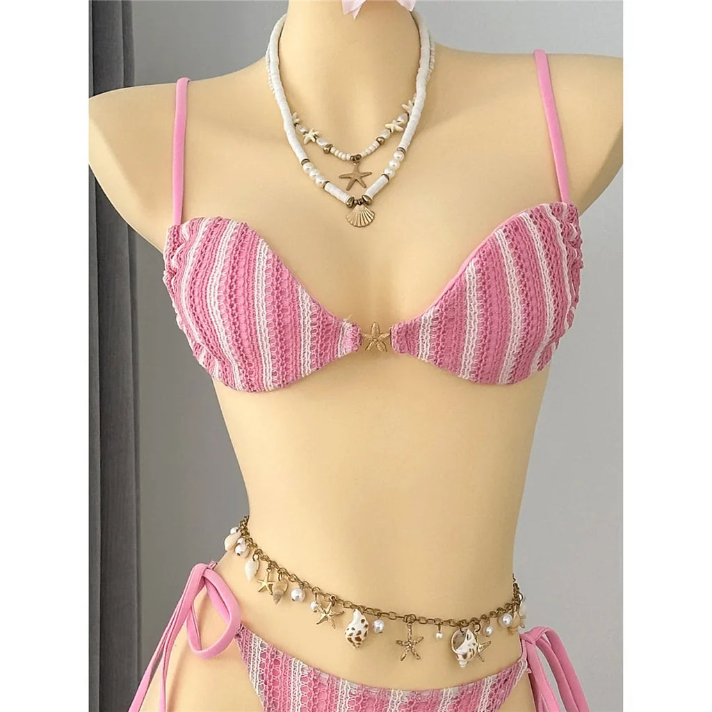 2026 New Striped Bikini Women Swimwear Female Swimsuit High Cut Leg Padded Bather Bathing Suit Swim Two-pieces Bikini set K8071