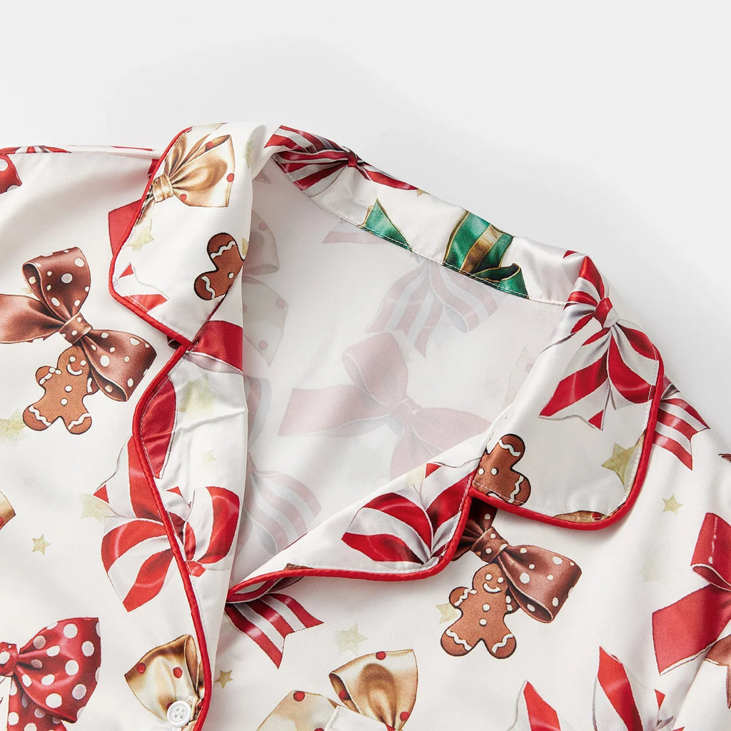 Women's Satin Christmas Pajama Set Short Sleeve Lapel Christmas Elements Print Shirt Shorts Two Pieces Sleepwear