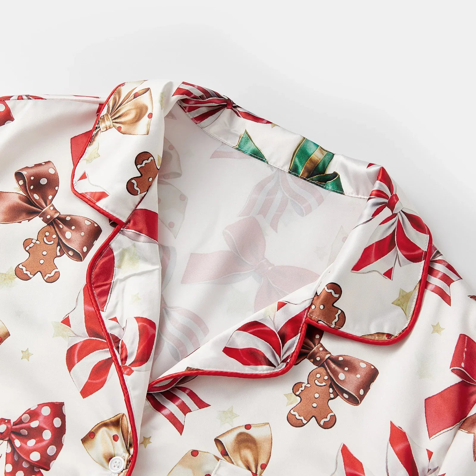 Women's Satin Christmas Pajama Set Short Sleeve Lapel Christmas Elements Print Shirt Shorts Two Pieces Sleepwear