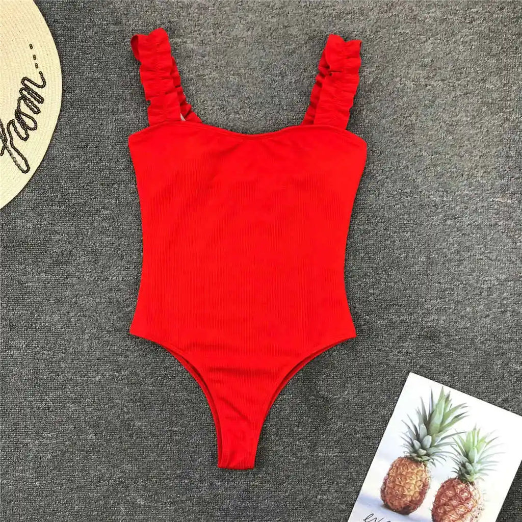 6 Colors Frill Trim Ruffled Sexy Women Swimwear One Piece Swimsuit Female Ribbed Bather Bathing Suit Swim Wear Monokini V1668