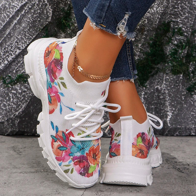 Floral Print Women's Knitted Sneakers Summer 2025 New Breathable Air Mesh Casual Shoes Woman Light Weight Walking Sports Flats