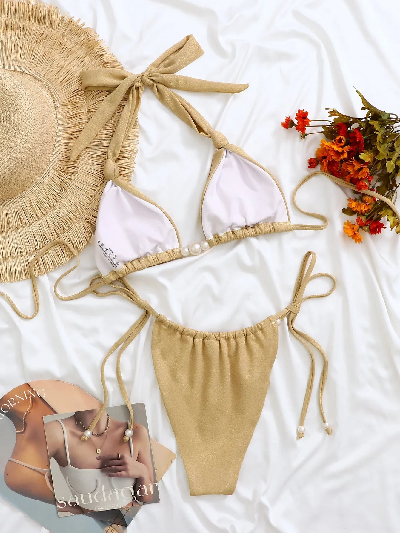 Sexy Pearls Triangle Bikini Set 2026 Women Khaki Bow Strap Push Up Bra Holiday Swimsuit Brazilian Bathing Suit Micro Swimwear
