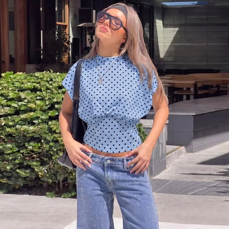 FDYOUI Women's O-neck Polka Dot T-shirt 2026 Summer O-neck Drop-sleeve Tunics Tops Fashion Loose Corset Tee Shirts Female Top