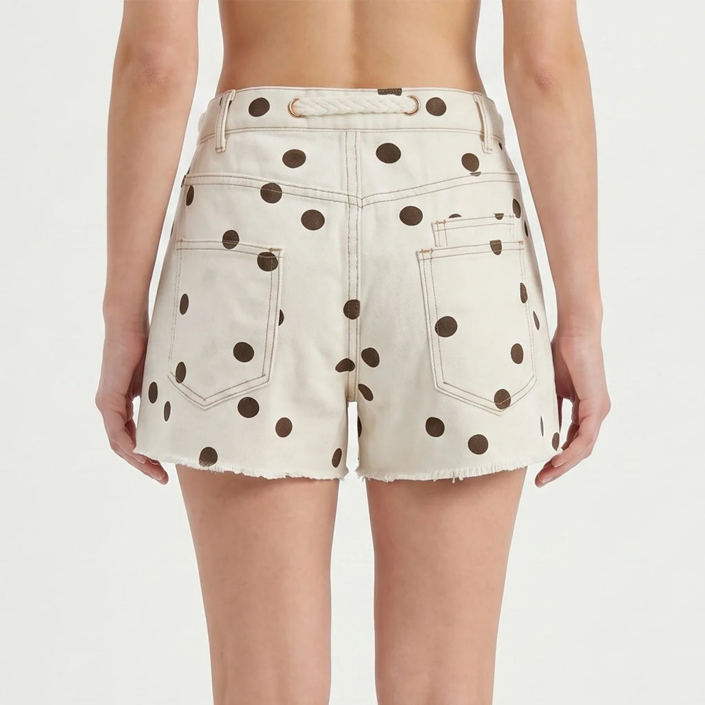 Women's Summer Denim Shorts with Pockets Casual Stylish Dot Print Mid Rise Tie-up Belted Wide Leg Jean Shorts