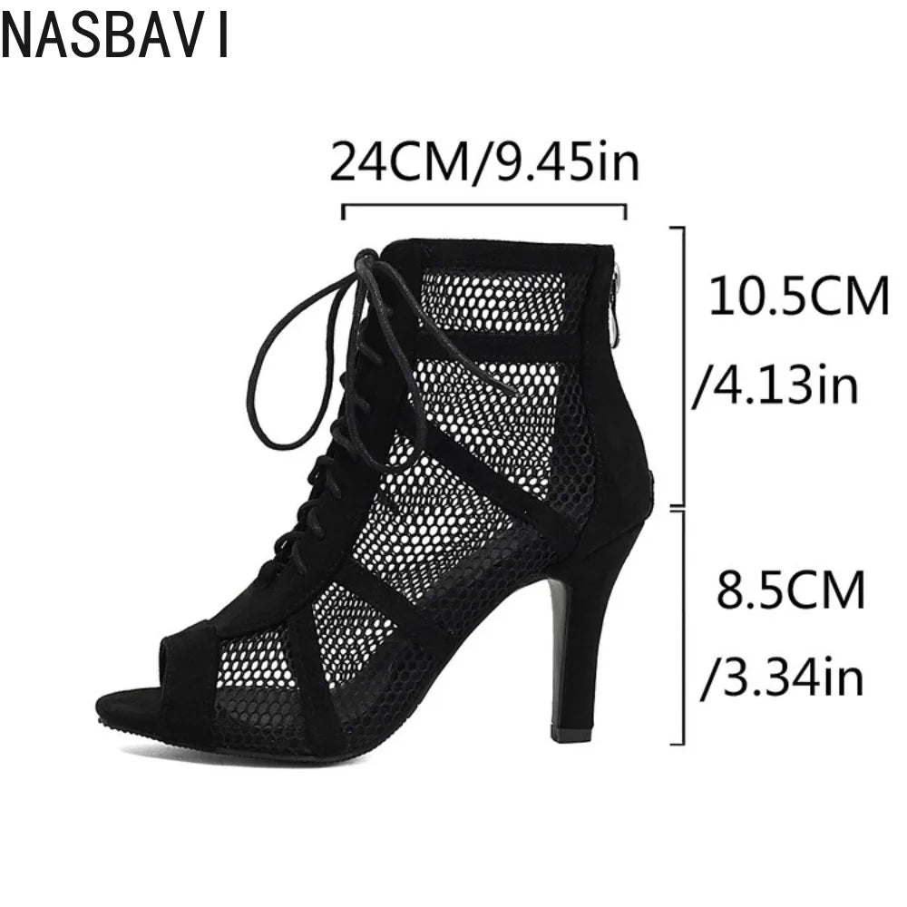 NASBAVI Women Latin Dance Boots Tango Party Shoes for Ladies Girls High Heels Ballroom Dance Shoes Mesh Rumba Samba Salsa Shoes