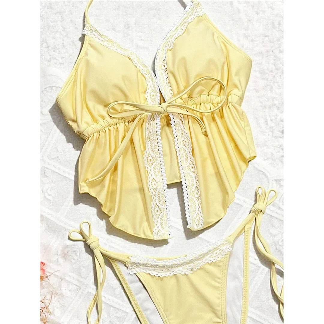 Sexy Lace Halter Tankini High Leg Cut Bikini Women Swimwear Female Swimsuit Two-Pieces Bikini Set Bather Bathing Suit Swim V8157