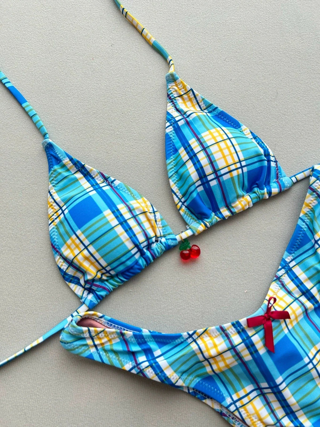 Sexy Blue Plaid Micro Bikini 2025 Women Halter Push Up Bra Bow Thong Swimsuit Summer Holiday Bathing Suit Triangle Swimwear