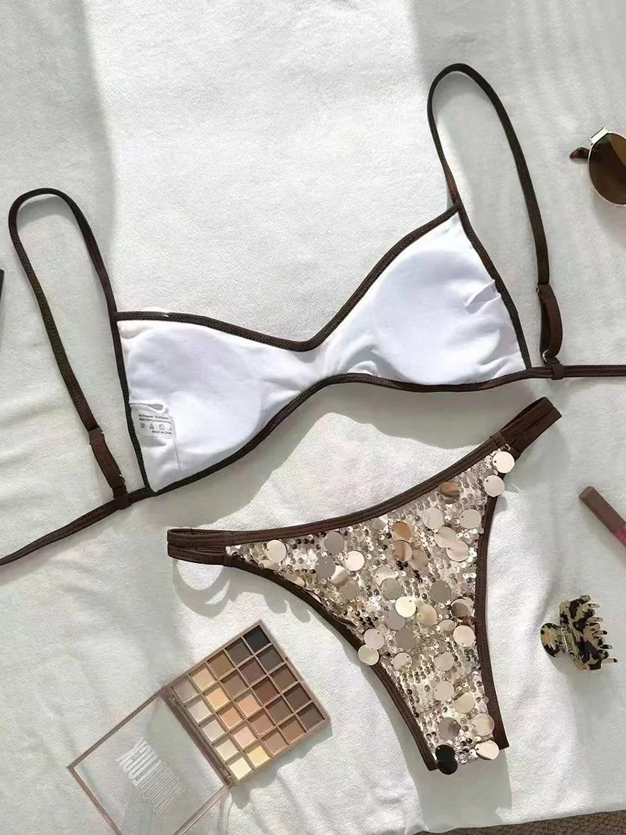 XS - L Glitter Sparkling Squins Bikini Female Swimsuit Women Swimwear Two-pieces Bikini Set Halter High Cut Bathing Suit Swim