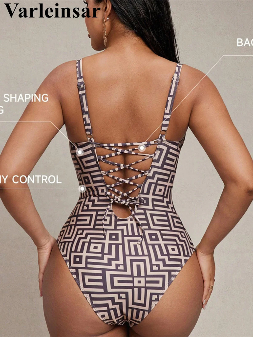 S - XL Printed Underwired V Neck Women Swimwear One Piece Swimsuit Female Lace Up High Leg Cut Bather Bathing Suit Swim V7552
