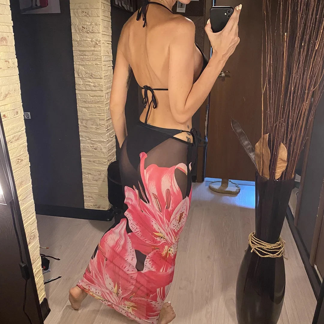 XS - L Floral Flowers With Skirt Bikini Female Swimsuit Women Swimwear Three-pieces Bikini set Bather Bathing Suit Swim V6788B