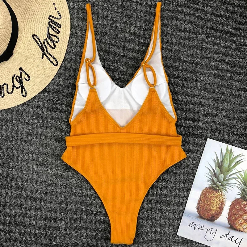 V Neck Ribbed High Cut Women Swimwear One Piece Swimsuit Female Backless Monokini with Waist Belt Bathing Suit Swim Beachwear