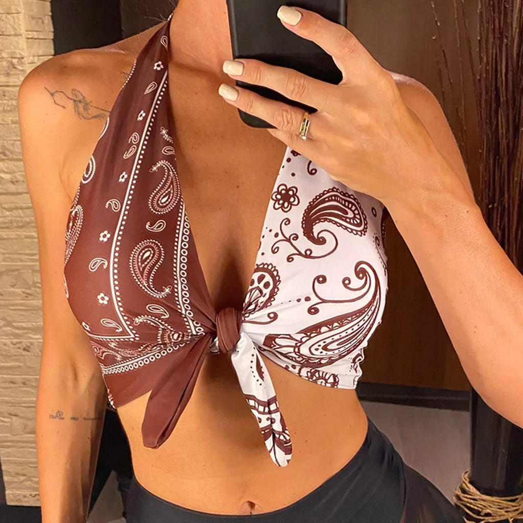 XS - L Sexy Printed Splicing Halter Knotted Bikini Top Female Swimsuit Women Swimwear Bather Bathing Suit Swim Beach Top V5817