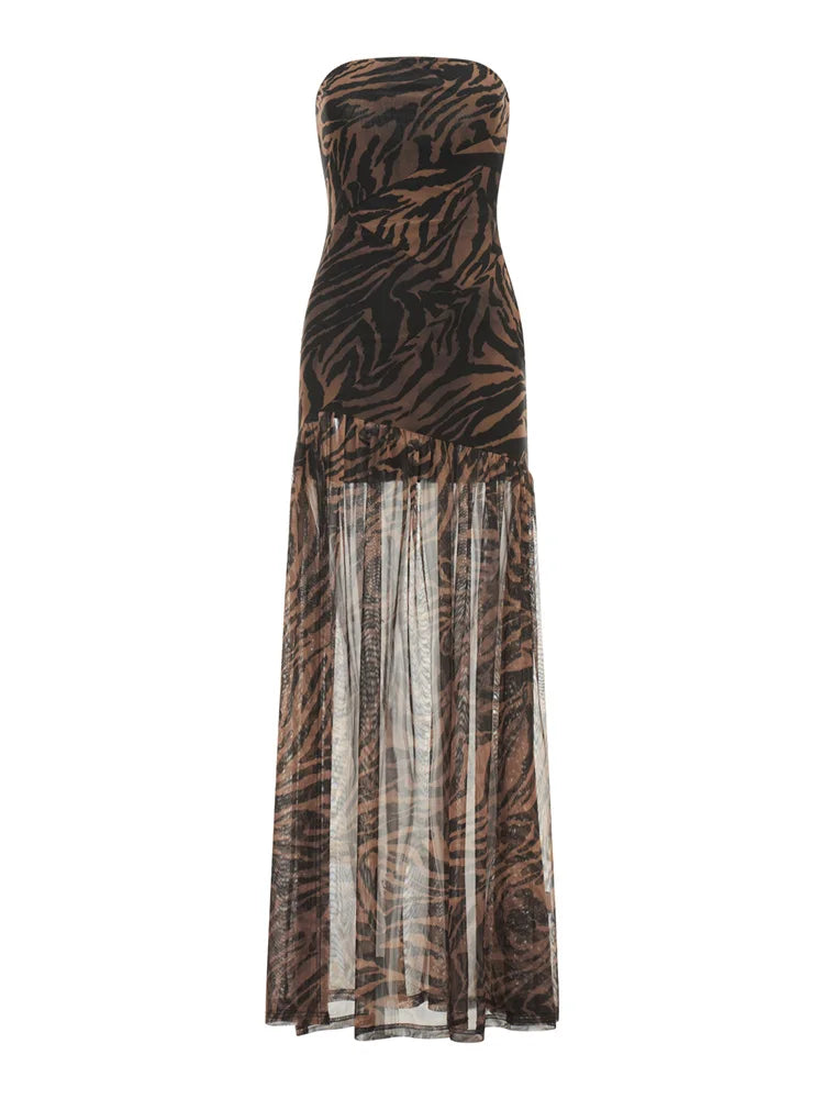 Women’s Tube Top Dress Bohemian Printed Strapless Mesh High Slit Long Dress Summer Evening Party Beach Sexy Club Dresses Summer