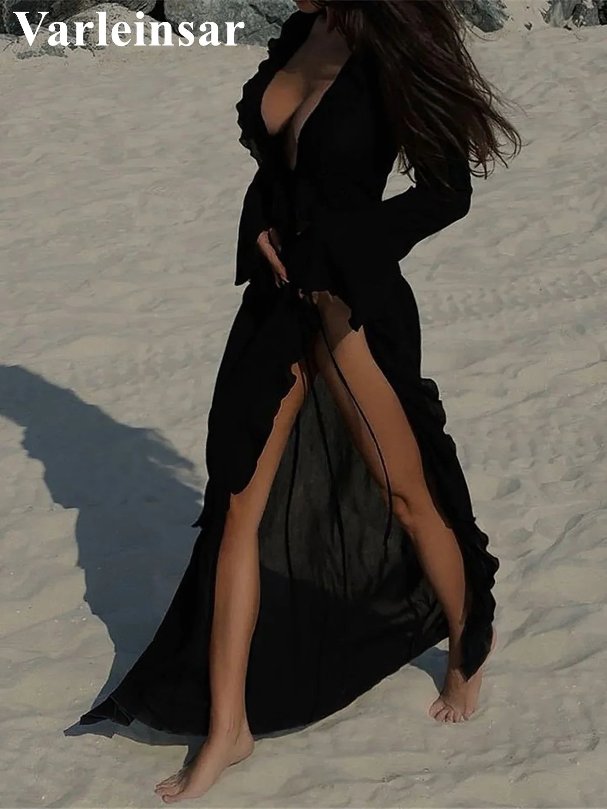Women's V Neck Ruffled Long Sleeve Dress Chiffon Tunic Beach Cover Up Cover-ups Beach Dress Sunscreen Beachwear Vacation V5976B
