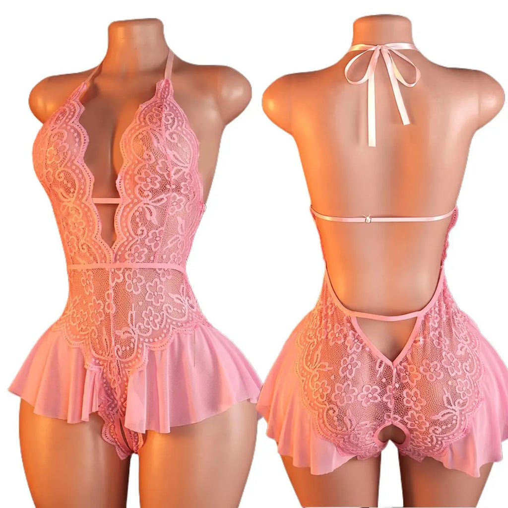 Pink Sexy Lace Bodysuits Crotchless Deep V Open Teddy Babydoll Sheer Sleepwear Elegant & Seductive Erotic Lingerie For Women