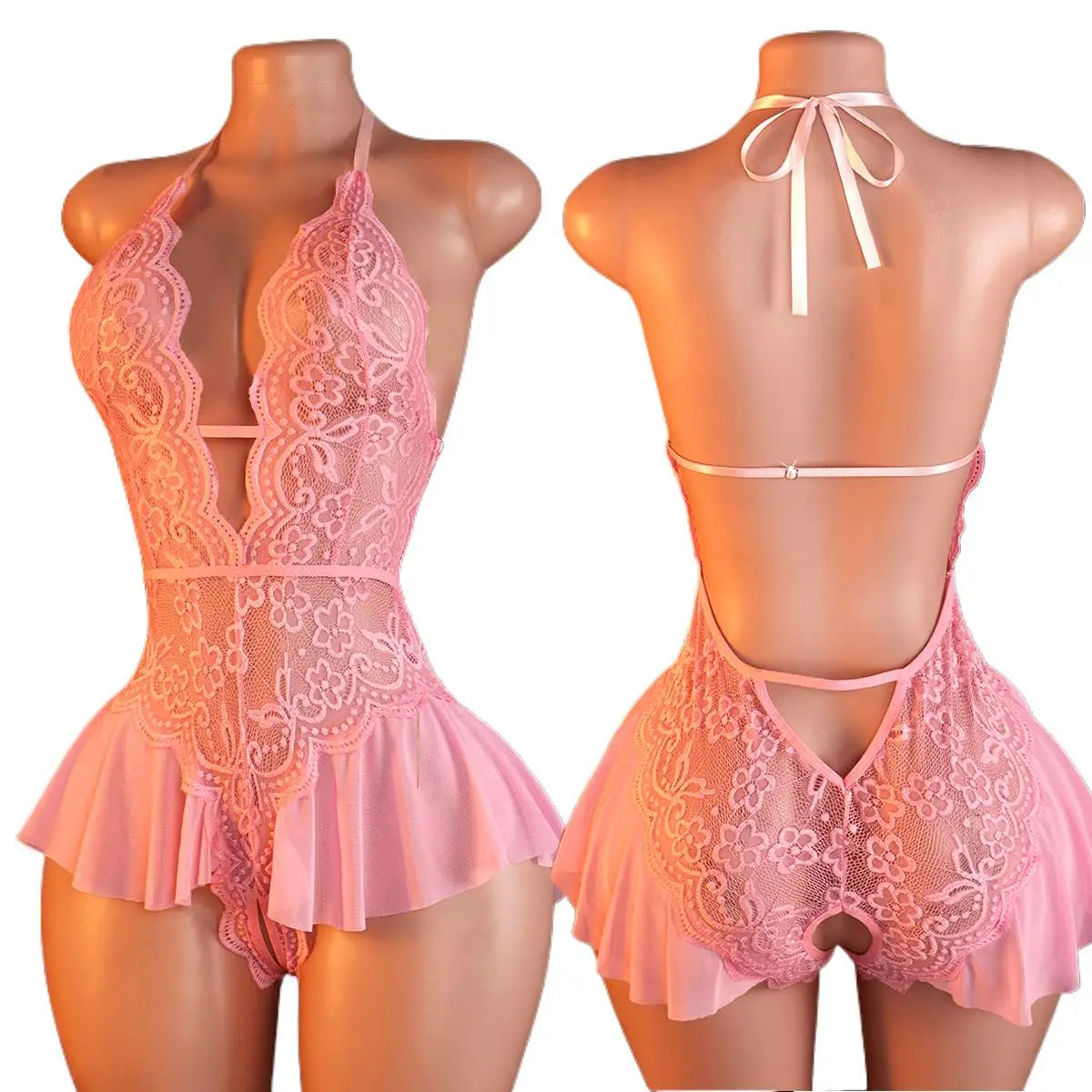Pink Sexy Lace Bodysuits Crotchless Deep V Open Teddy Babydoll Sheer Sleepwear Elegant & Seductive Erotic Lingerie For Women