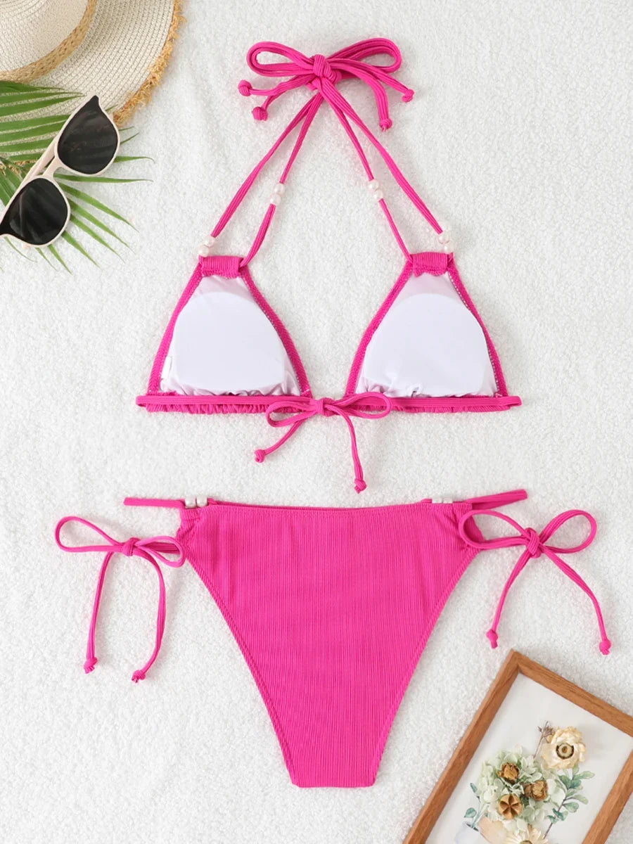 2026 String Triangle Printed Bikini Women Sexy Swimwear Female Halter Swimsuit Solid Bathers Bathing Swimming Swim Suit Beach