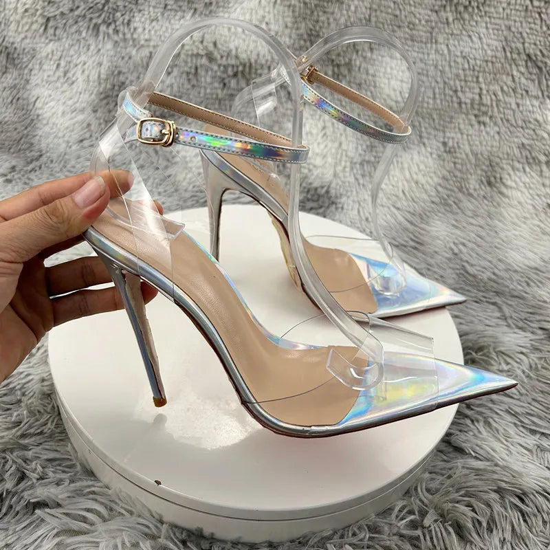Clear PVC Patchwork Sandals  Newest Transparent Straps Stiletto Heel Sandals Sexy Laser silver High Heels Wedding Shoes12cm