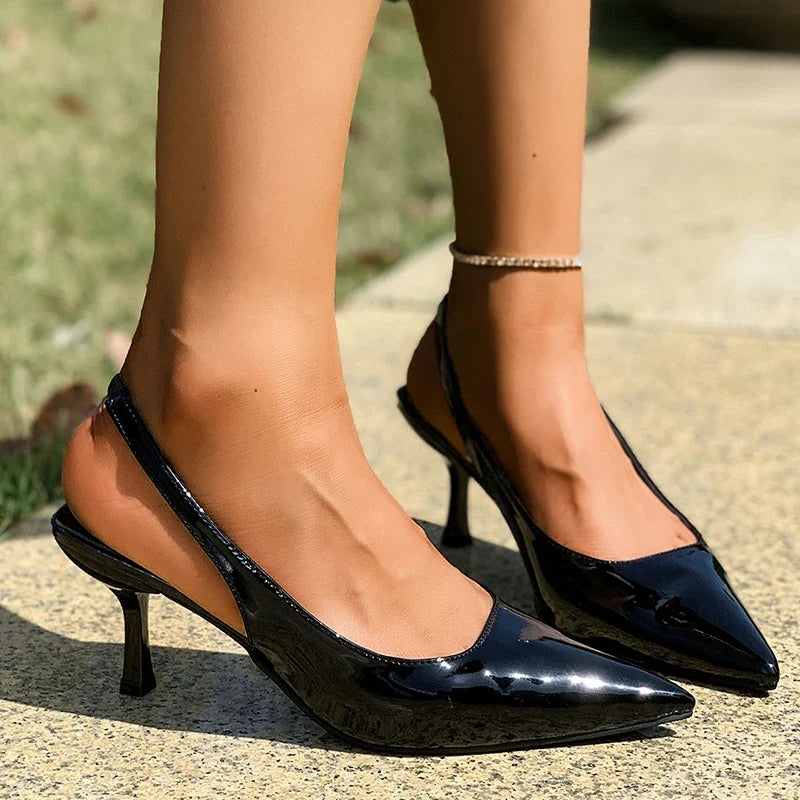 Sexy Leopard Print High Heel Mules Sandals Women Summer Patent Leather Pointed Toe Slingbacks Woman Plus Size 42 Slip On Sandals