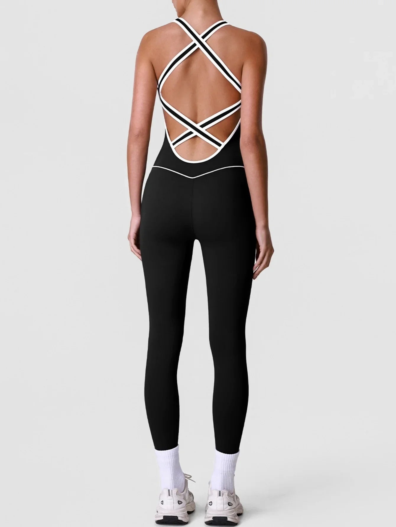 High Stretch Body Shaping Yoga Jumpsuit Women Black Patchwork Hollow Out Back Cross Fitness Sports One Piece Workout Bodysuits