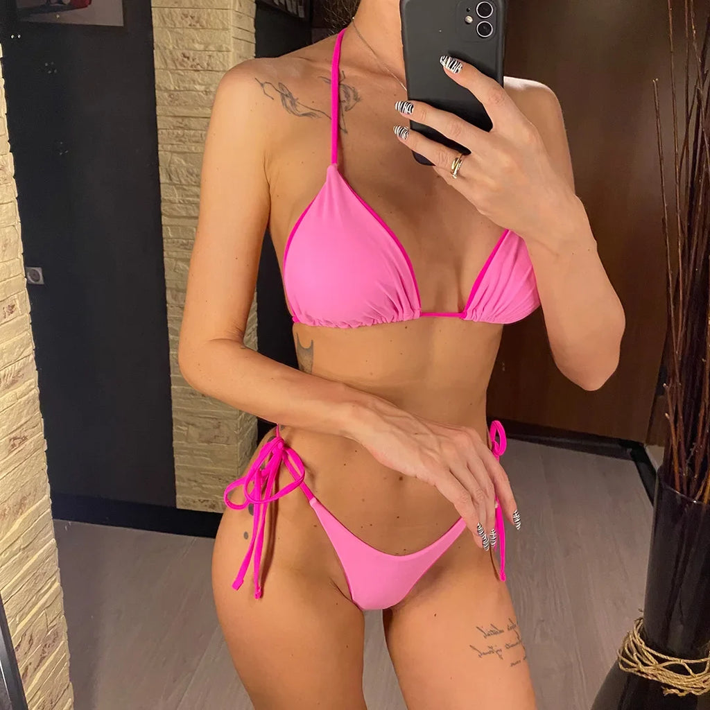 Sexy Leopard Printed Halter Brazilian Bikini Women Swimwear Female Swimsuit Two-Piece Bikini Set Bather Bathing Suit Swim V3681