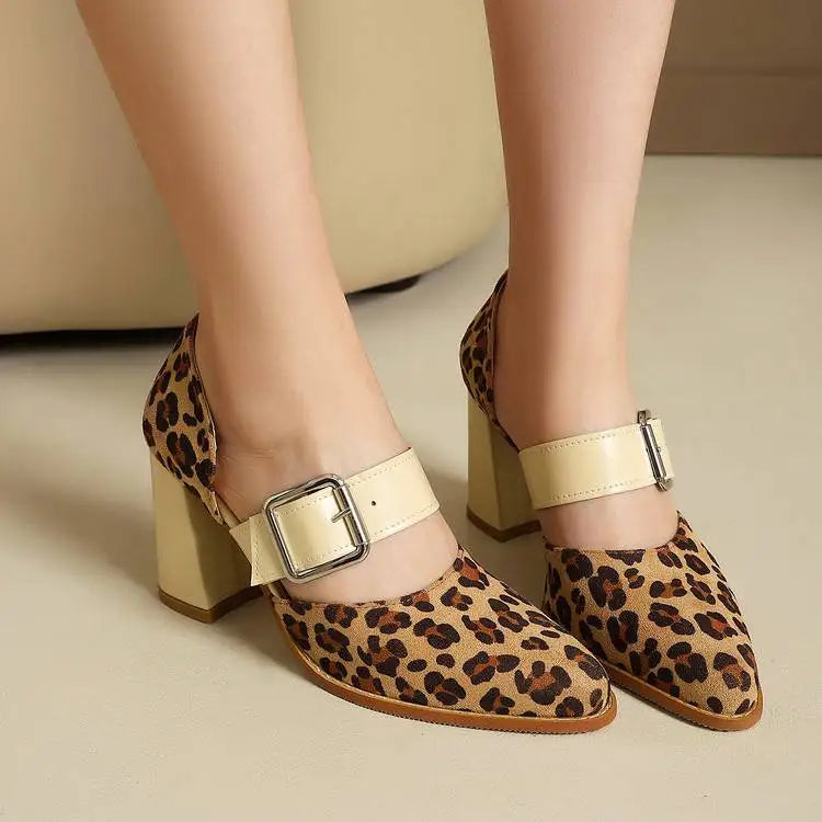 Spring  Autumn New Model Fashion High Heels Nude Shoes Color Blocking Pointed Tip Buckle Leopard Print Sexy Party Women's Shoes