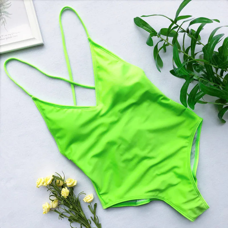 S - XXL V Neck Scrunch Butt Female Swimwear One Piece Swimsuit Women Backless Monokini High Cut Leg Bathing Suit Swim Bodysuit