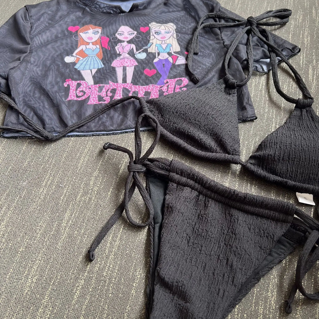 DEKA Girl Three-Piece Bikini Set High Cut Women Mesh Sheer Srappy Thong Swimwear Female Lace-up Swimsuit Bather Bathing Suit