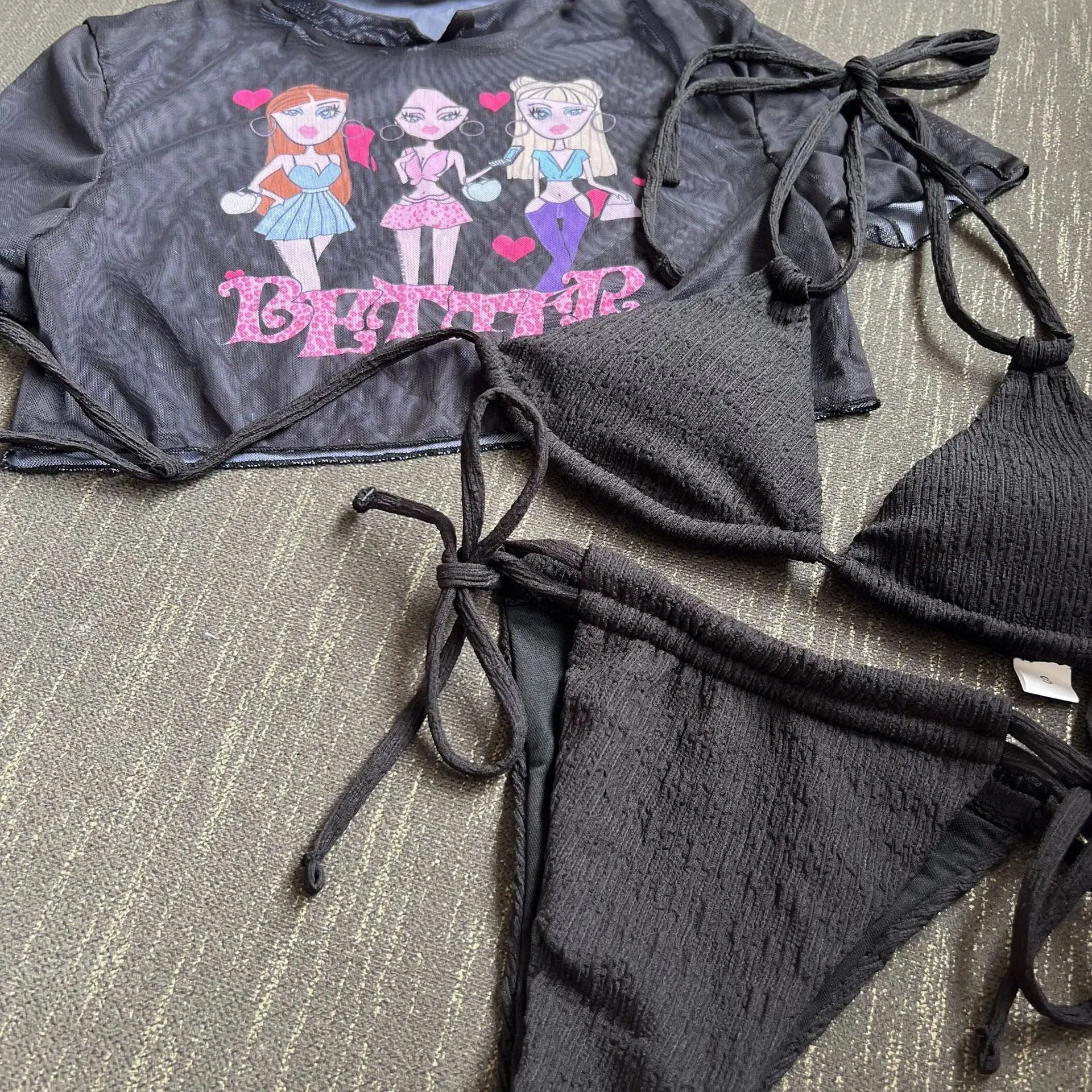 DEKA Girl Three-Piece Bikini Set High Cut Women Mesh Sheer Srappy Thong Swimwear Female Lace-up Swimsuit Bather Bathing Suit