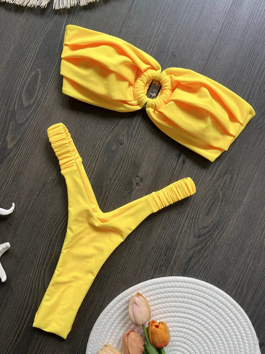 Wrinkled Bandeau High Cut Mini Thong Bikini Female Swimsuit Women Swimwear Two-pieces Bikini Set Bather Bathing Suit Swim Lady