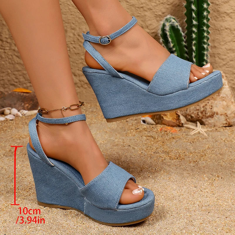 10Cm Chunky Wedge Heel Sandals Women Plus Size 43 Denim Ankle Strap Rome Sandals Woman Summer Non Slip Thick Platform Sandles