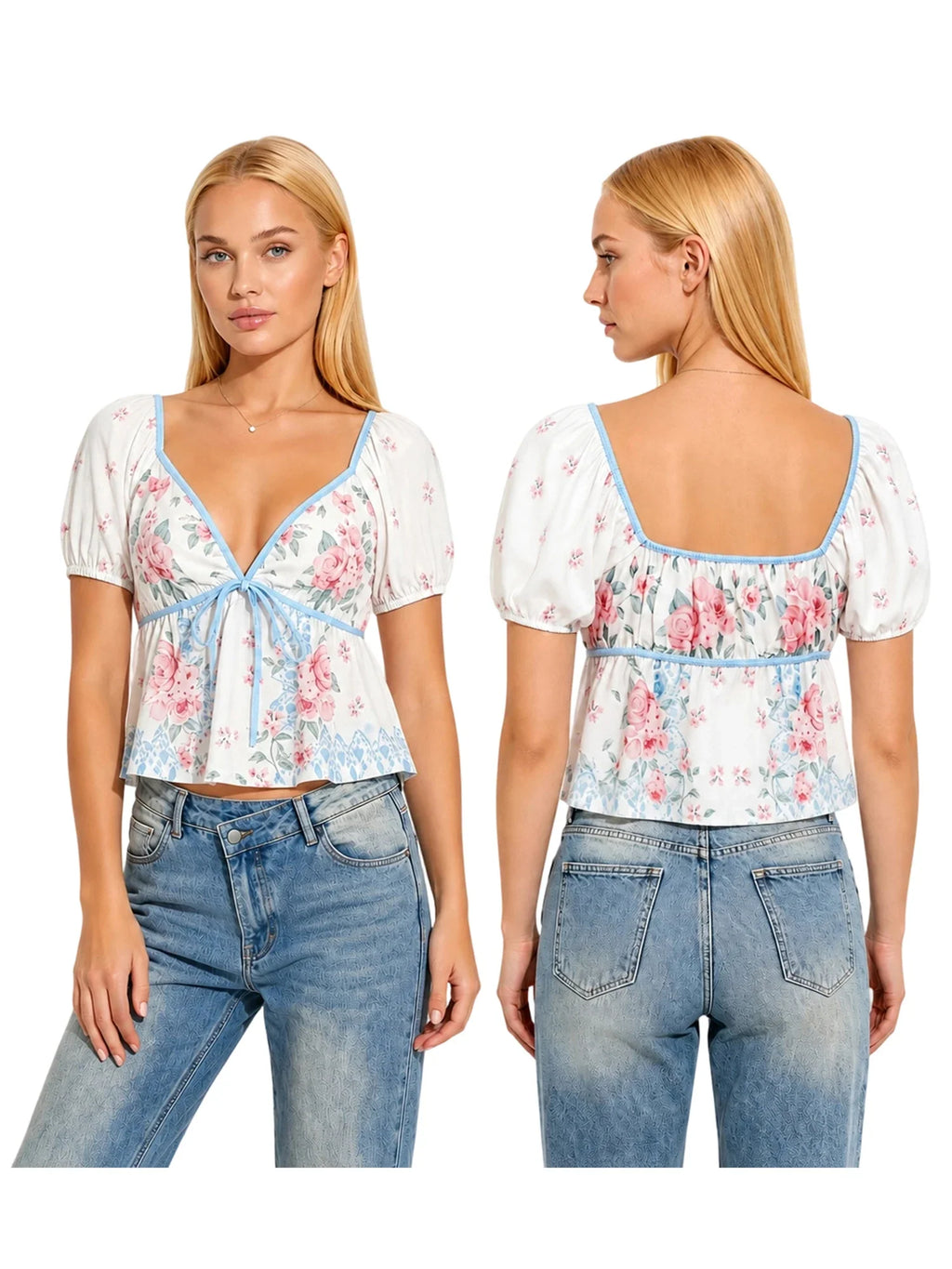 Womens Summer Crop Tops Puff Short Sleeve V Neck Floral Print T-shirts