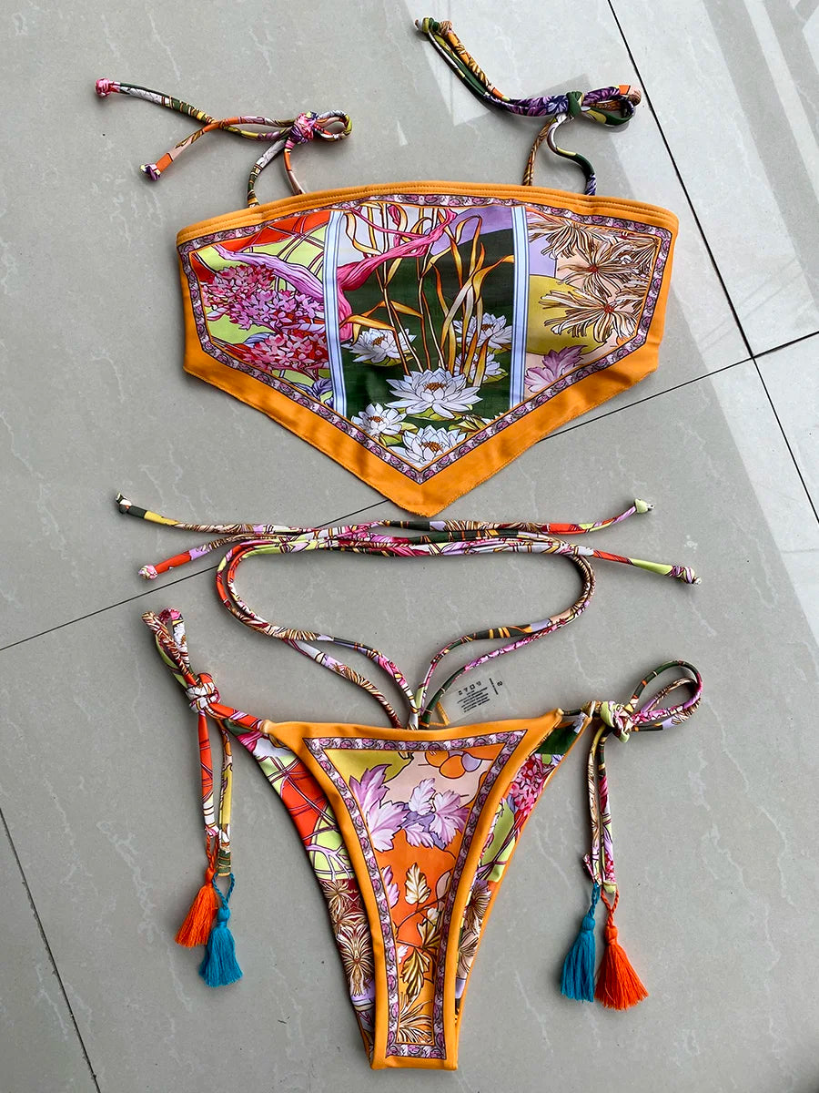 Sexy Printed Crop Top Brazilian Bikini Women Bandeau Swimwear Female Swimsuit Two-pieces Bikini Set Bathing Suit Swim Beachwear