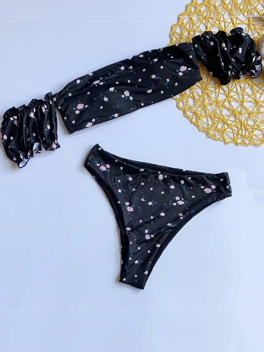 Floral Print Off Shoulder Bikini 2025 High Cut Swimsuit Women Female Brazilian Swimwear Two pieces Bikini set Bathing Suit Swim