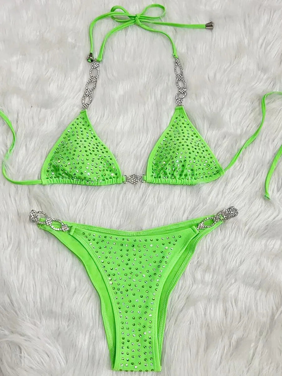 Shiny Sequins Rhinestone Bikini Women Swimwear Female Swimsuit Two-pieces Bikini set Metal Chain Halter Bather Bathing Suit Swim